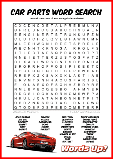 Car Parts Word Search - Free Printable PDF