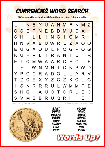 Currencies Word Search - Free Printable PDF