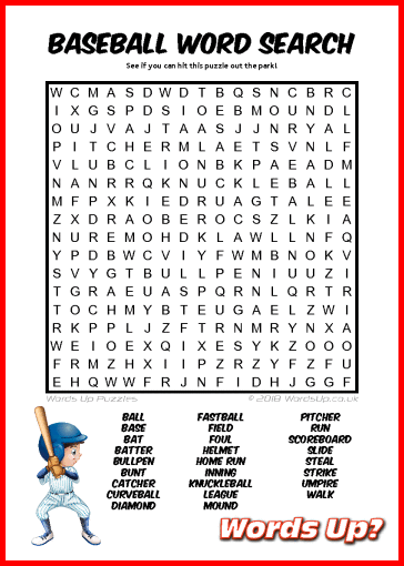 Baseball Word Search - Free Printable PDF