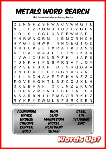 Metals Word Search - Free Printable PDF