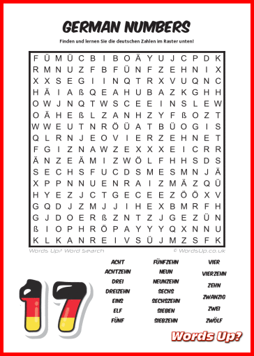 German Numbers Word Search - Free Printable PDF