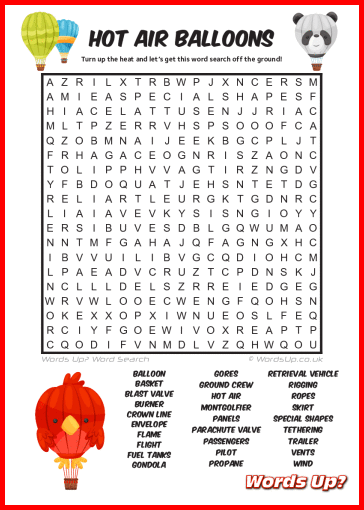 Hot Air Balloons Word Search - Free Printable PDF