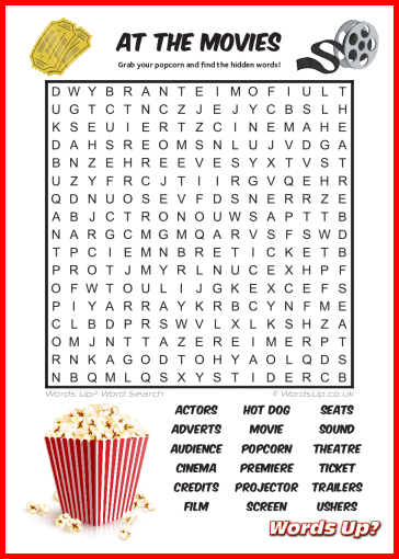 At the Movies Word Search - Free Printable PDF